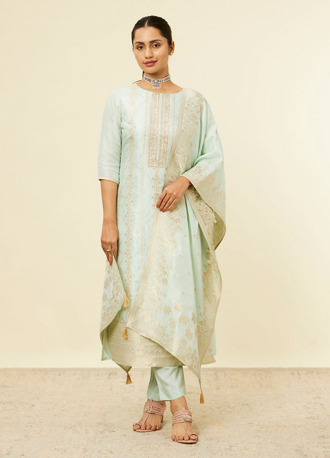 alt message - Mohey Women Light Blue Bel Buti Patterned Stitched Suit image number 0